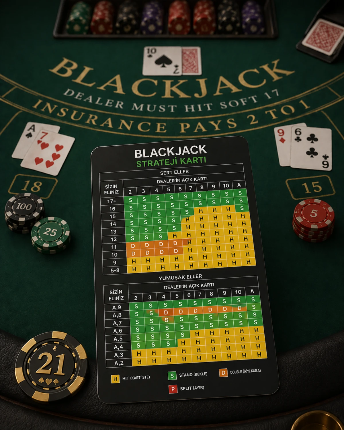 Blackjack temel strateji kartını gösteren görsel — casino masası ve strateji tablosu