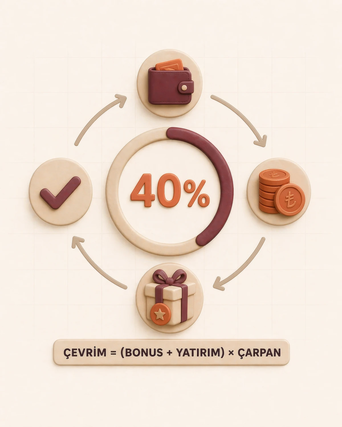 Çevrim şartı formülünü gösteren infografik — cüzdan, coin, hediye ikonları ve formül